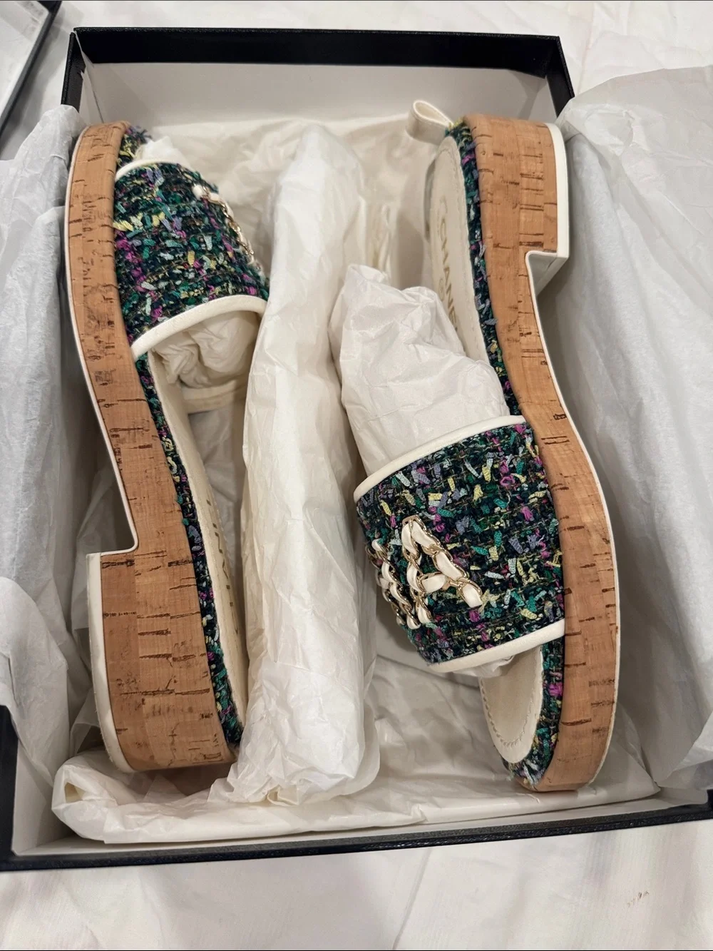 CHANEL Multicolor Tweed & White Trim Logo Slide Mules